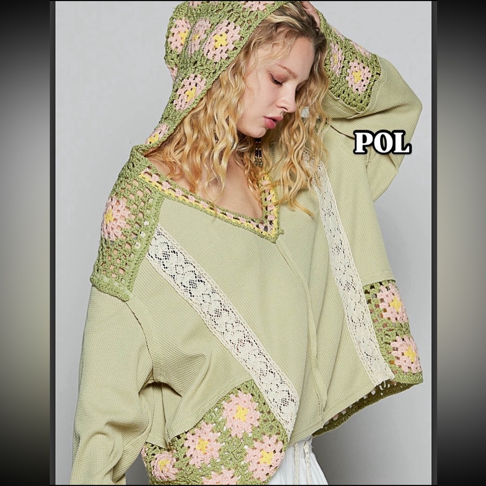 POL Light Green Crochet-Trim Hooded Top with Pink Accents